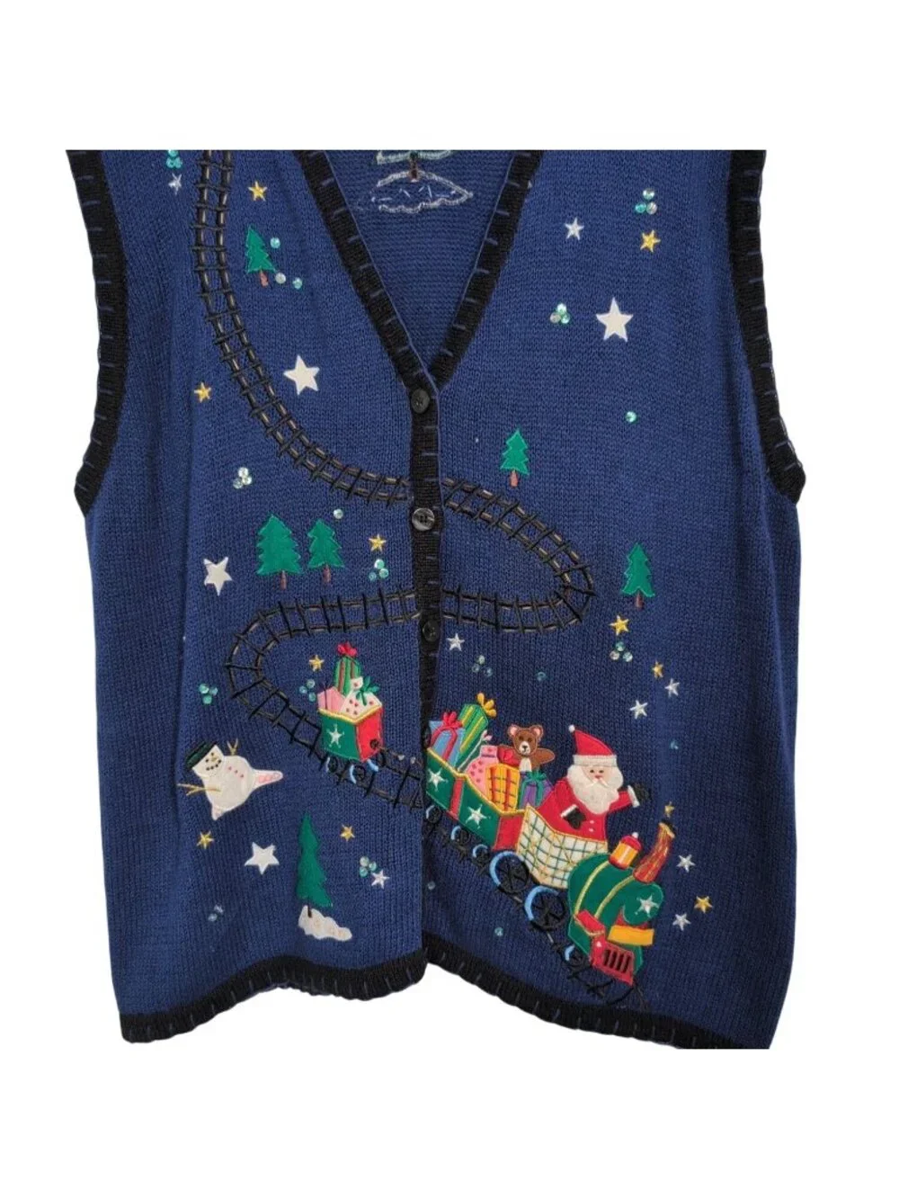 Vintage Santa Train Sweater Vest Womens Size 26/28W Blue Ugly Christmas Holiday
